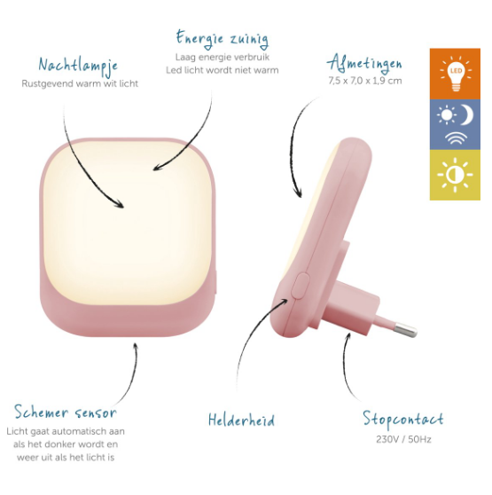 Zazu | Nachtlamp Automatisch Pink vierkant 3 standen helderheid 