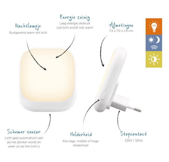 Zazu | Nachtlamp Automatisch White vierkant 3 standen helderheid