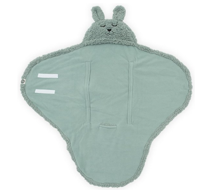 Jollein | Wikkeldeken Bunny Ash Green Teddy Coral Fleece Gordeluitsparing Velcrosluiting Kap 100x105 cm