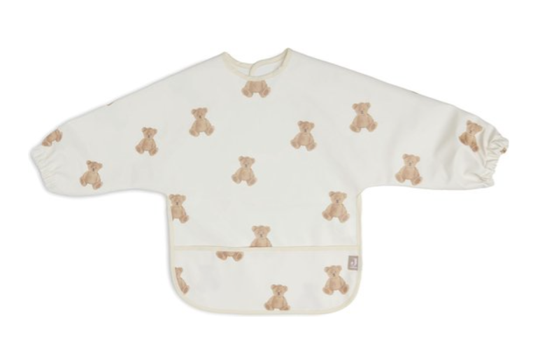 Jollein | Slabbetje Teddy Bear All Over Teddybeer Velcrosluiting PVC met Mouwen met Kruimel- Vanger Waterdicht