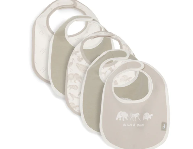 Jollein | Slabbetje Animals Nougat/Olive Green Velcrosluiting Jersey Waterdicht 5-pack