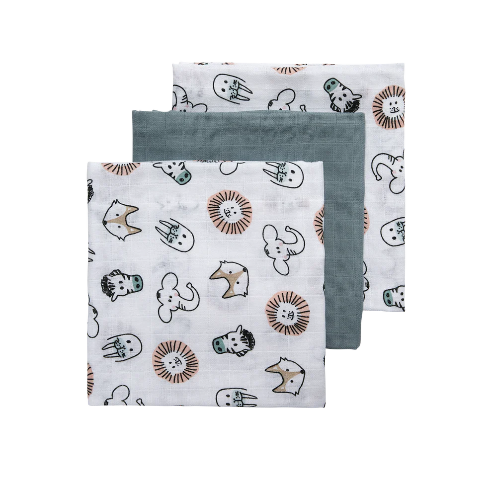 TETRA DOEK, 70x70cm, Animal, stone green, all over dierenprint/uni, handdoek/luierdoek, 3 stuk(s)