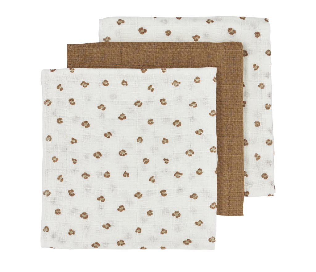 TETRA DOEK, 70x70cm, Mini Panther toffee, wit/bruin, all over panter print/uni, handdoek/luierdoek, 3 stuk(s)
