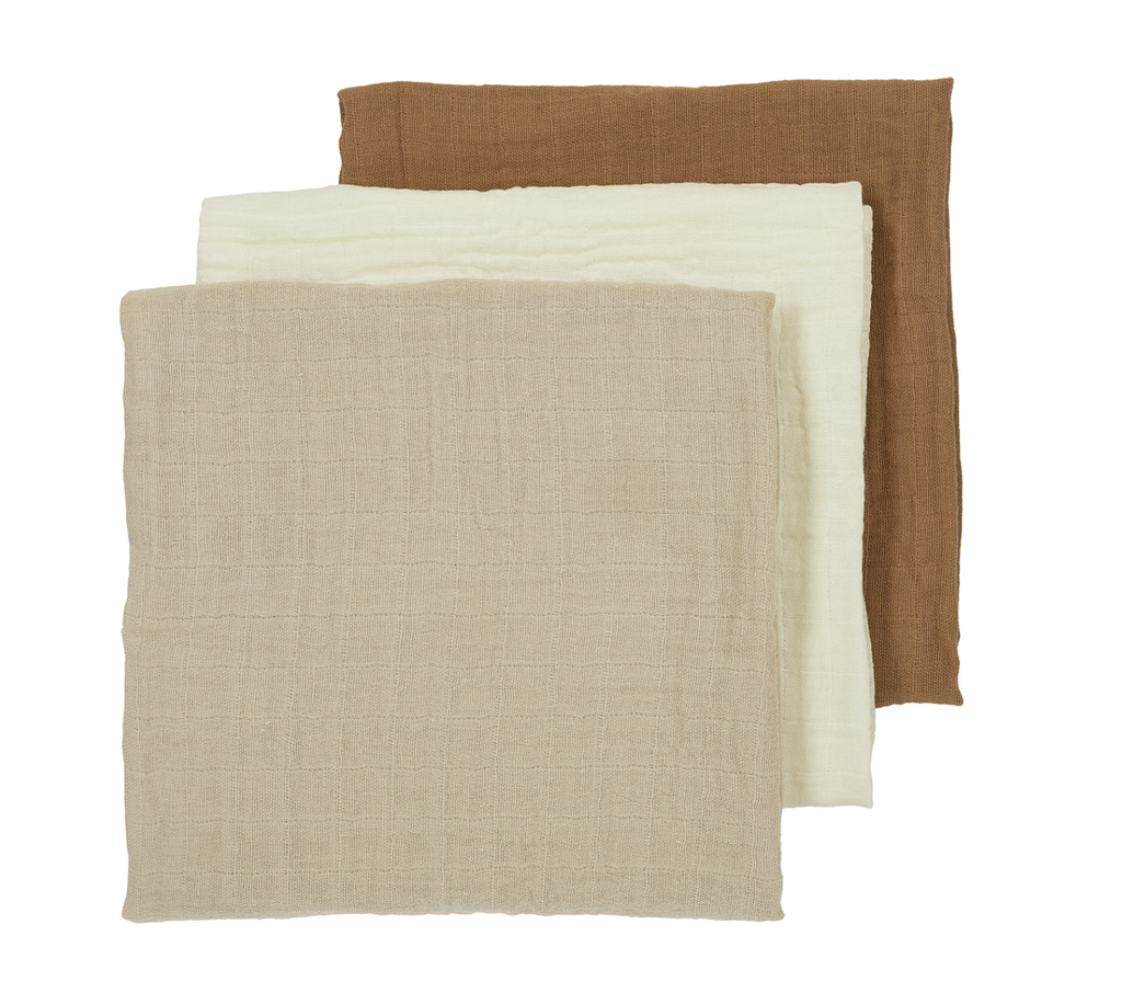 TETRA DOEK, 70x70cm, offwhite/sand/ toffee, bruin/ecru, uni, handdoek/ luierdoek, 3 stuk(s), Pre-washed