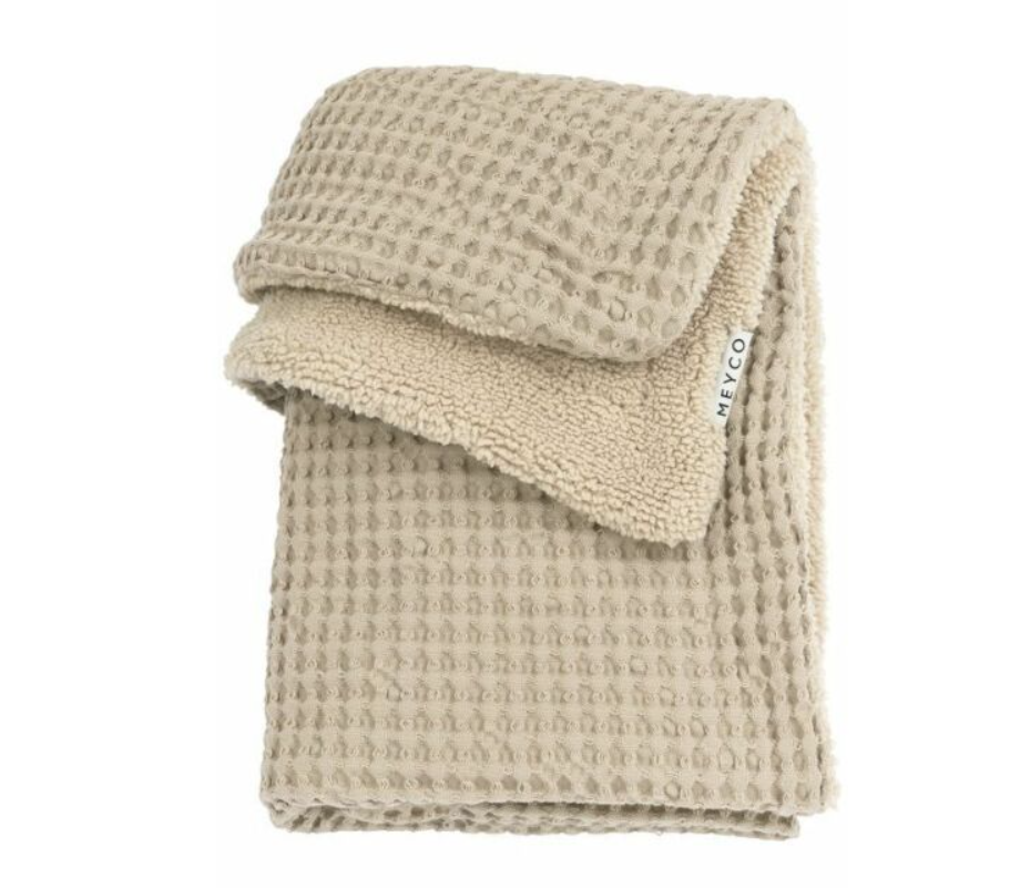 DEKEN, 75x100cm, Wafel Teddy sand, ecru, gewafeld/uni, katoen/teddy, voor wieg/draagmand/park