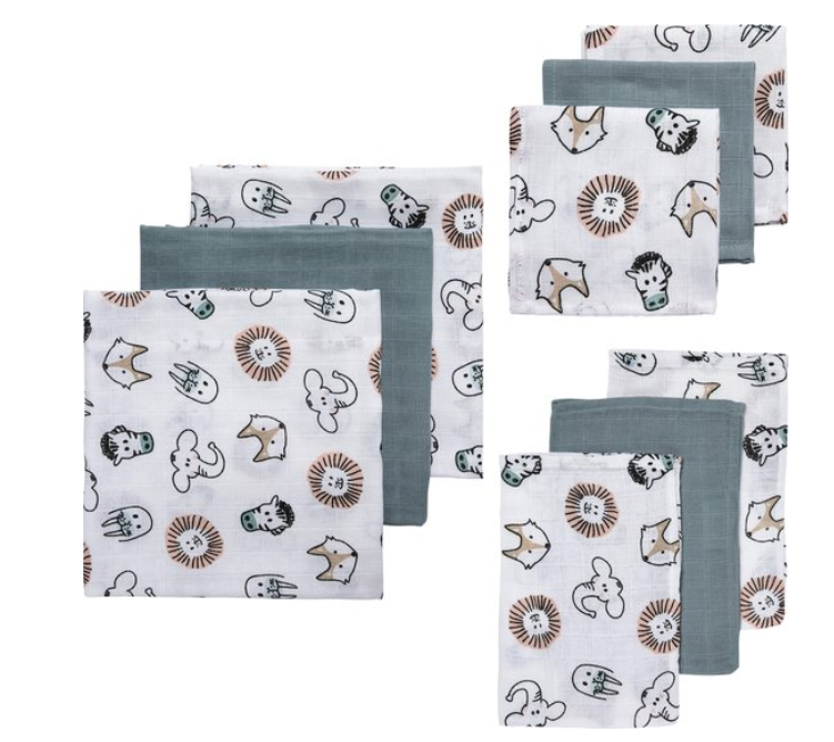 TETRA DOEK, Starterset 9-delig, Animal, stone green, wit/groen/bruin, dierenpr. , 3x washandje/monddoekje/luierdoek