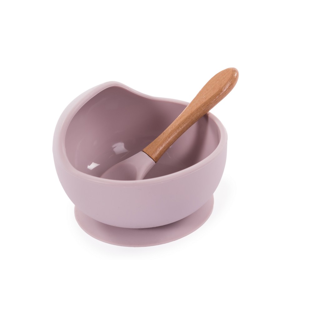 KOM, B-Suction Bowl Silicone & Spoon, rond, roze, silicone, met lepel, met zuignap, gebogen scheprand, bord