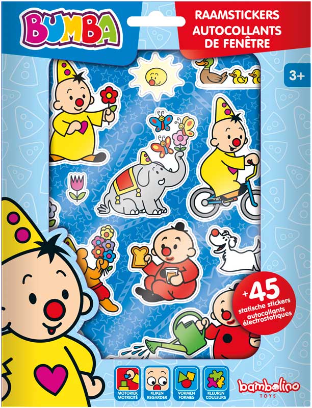 STICKERS, Bumba, Raamstickers, multikleur, herbruikbaar, 45 stickers over 4vellen + 1voorbedrukte achtergrond