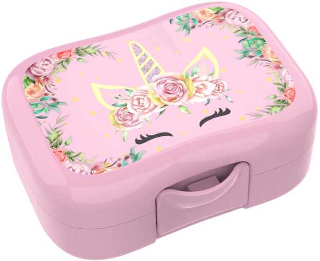 KOEKENDOOS, Lunch Buddies, unicorn, roze, uni/bloemetjes en eenhoorn- gezichtje, PVC, 9.5x5x13cm