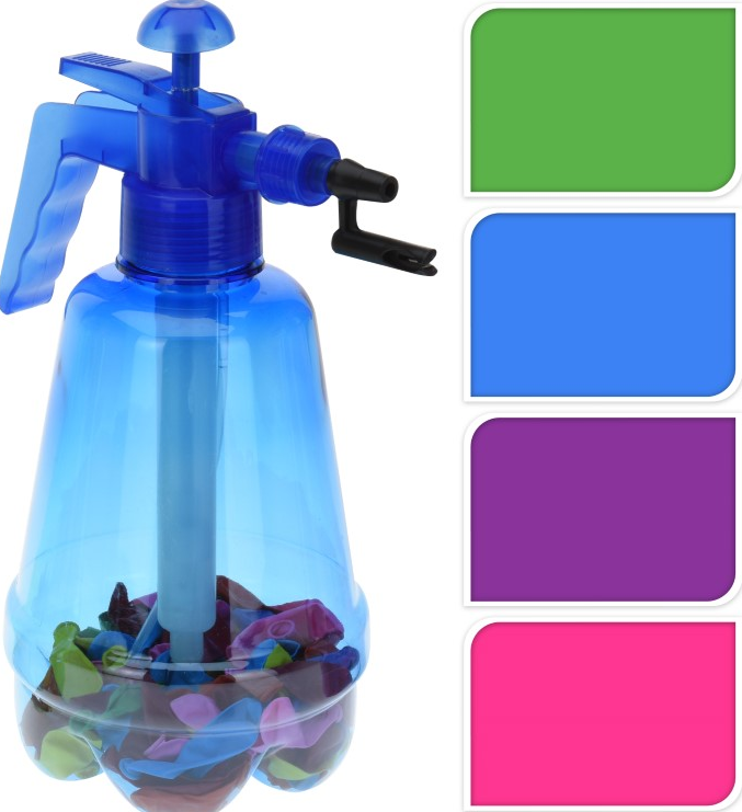 WATERBALLON, ballonsproeier met 100 latex ballonnen, multikleur: roze/groen/ blauw/paars, assortiment