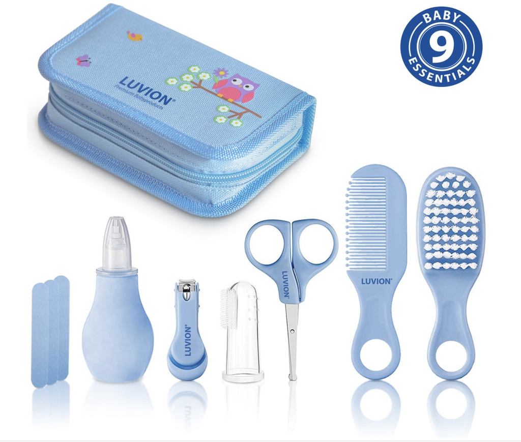 Luvion | Verzorgingsset Baby Care Set in Etui Borstel/Kam/Nagelschaar/ Nagelknipper/Nagelvijl /Vingertandenborstel/Neuspomp Blauw 7-delig
