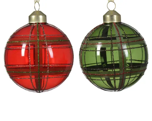 Decoris | Kerstbal Glas Transparant Glitter Crossing Lines  Rood/Groen Ø8cm Assortiment 