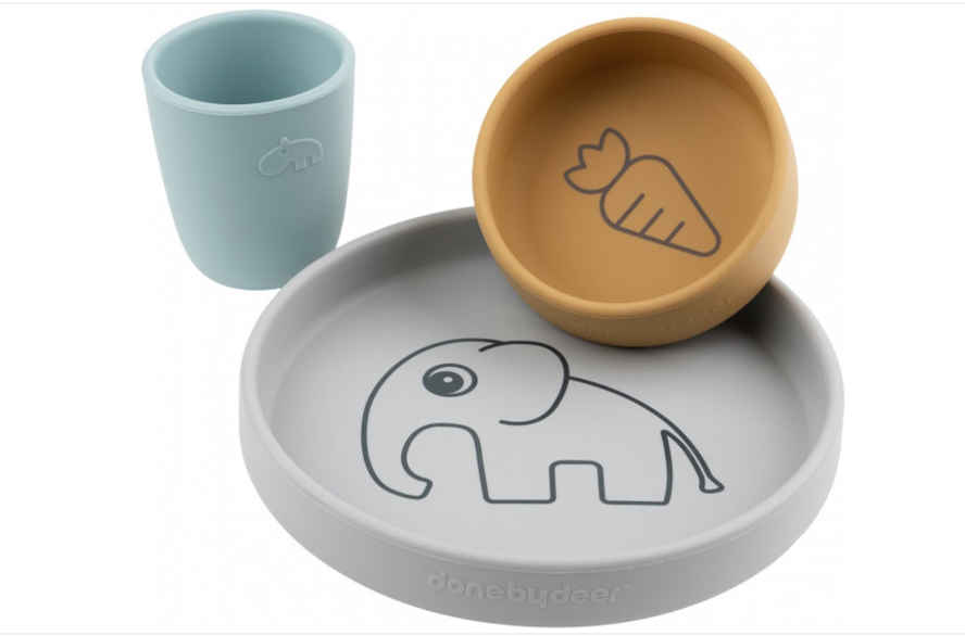 Done By Deer | Eetset Silicone Dinner Set Elphee Grey/Mustard/Blue Siliconen Plat Bord Kom Drinkbeker 3-pack