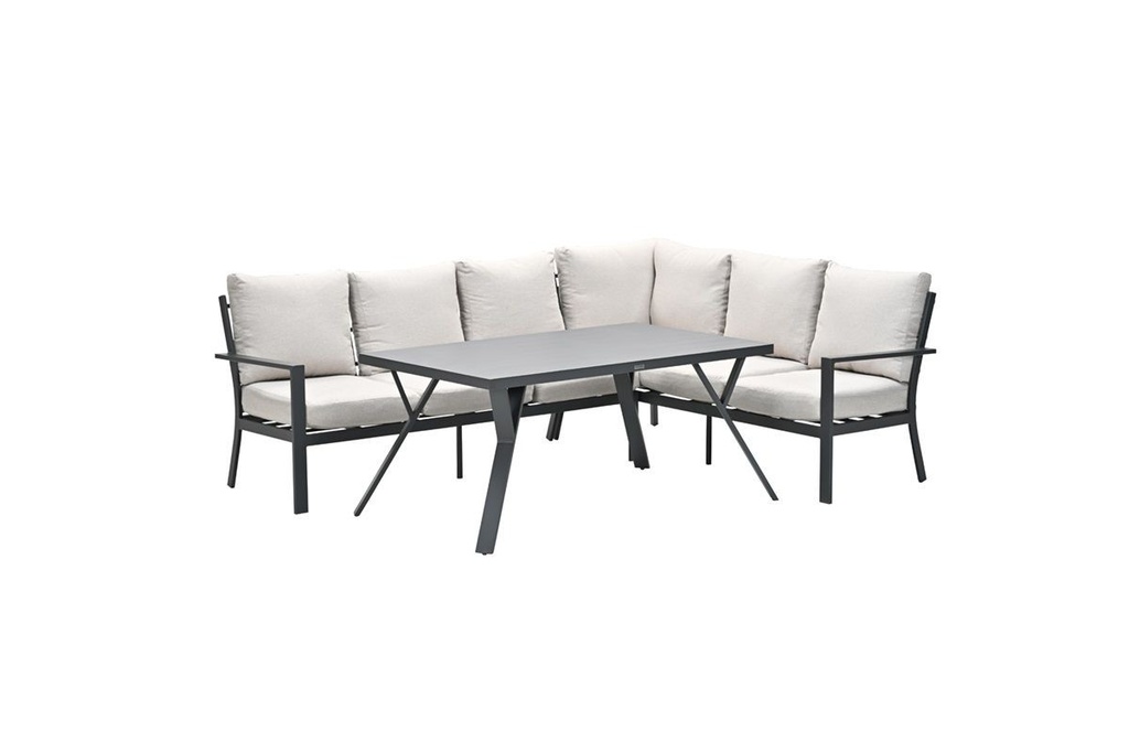 TUINSET, Sergio, loungeset, 3 delen: 2 driezitsbanken met hoek/tafel, carbon black, alu frame, kussens: desert sand