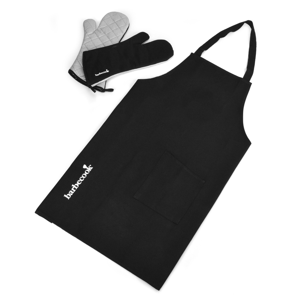 BARBECUESCHORT, zwart, 100% katoen, met aluminiumisolatie, met handschoenen: L 40 cm, per set
