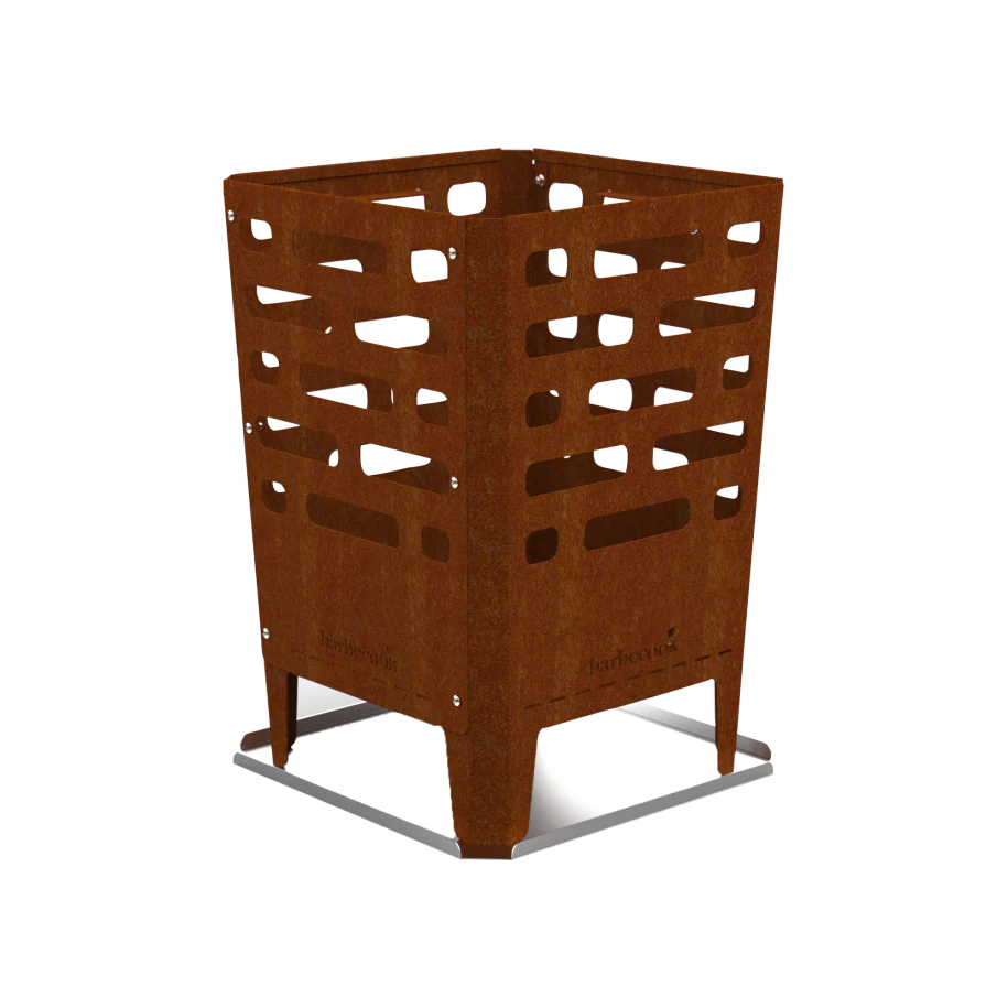 TERRASVERWARMER, vuurkorf, Jill, 2 mm cortenstaal, 38 x 38 x 55 cm, met onderzetter/afdekblad in rvs