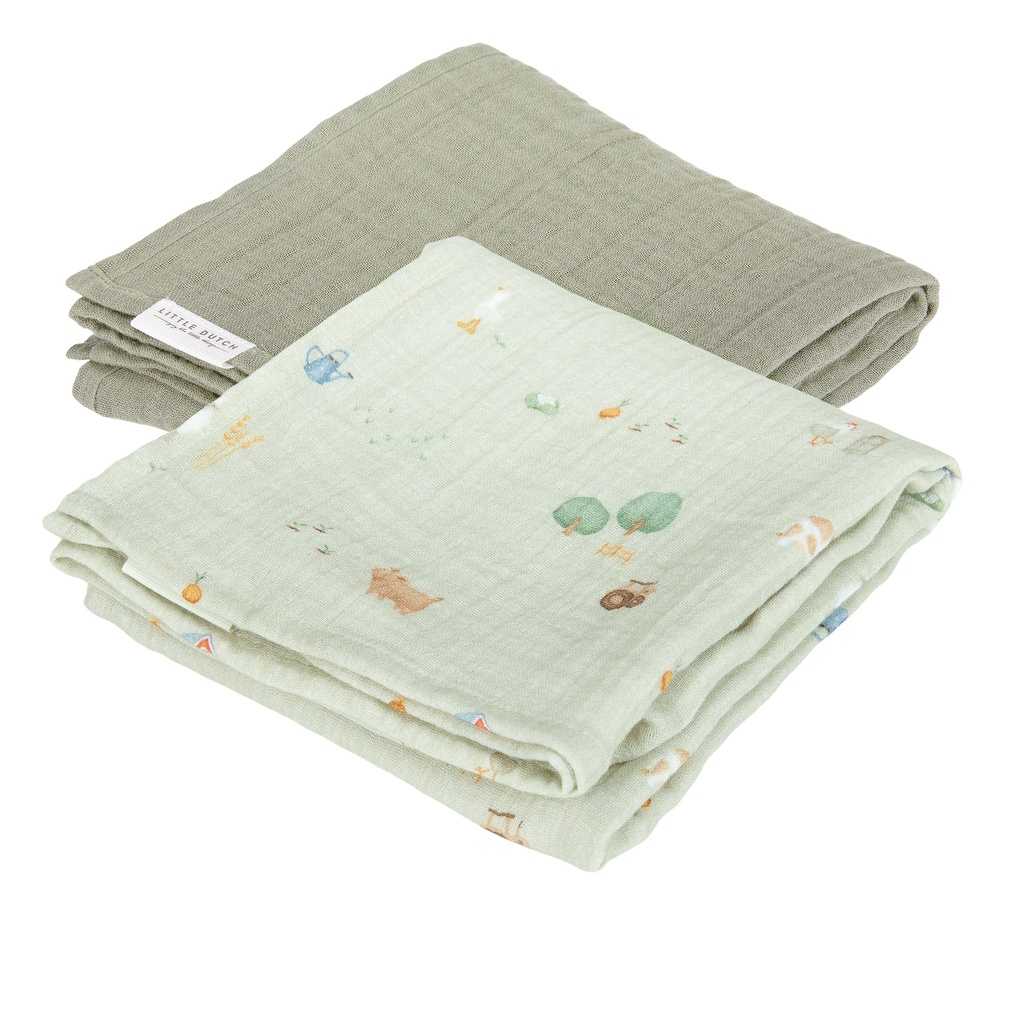 TETRA DOEK, 70x70cm, Swaddle, little farm, groen/ecru, boerderijdieren, deken/wikkeldeken, 2 stuks