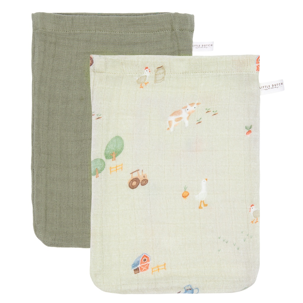 Little Dutch | Washandje Little Farm, groen/ecru, boederijdieren, katoen,per 2