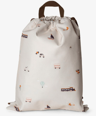 TURNZAK, drawstring wet pack, vehicles, ecru|blauw, print, 23x29x8cm, 24bts 