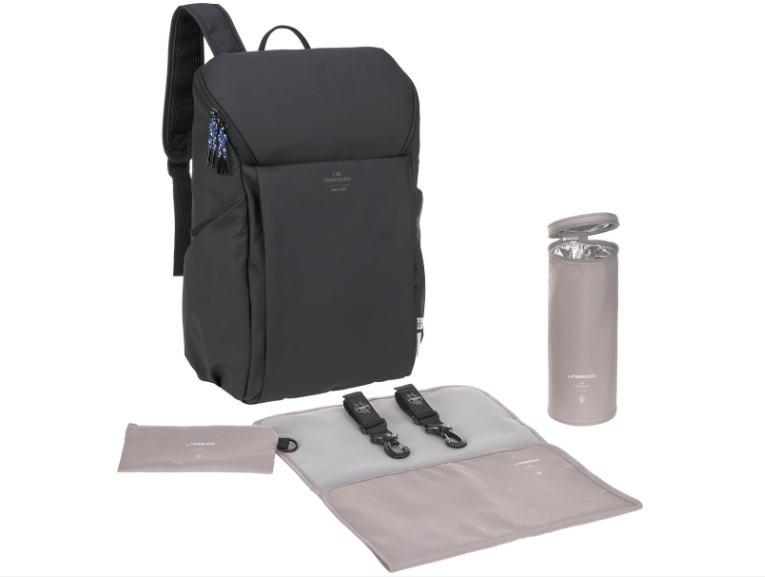 VERZORGINGSTAS, slender up backpack, black, gerecycl., polyester, +luiermat, +isoth flessenh 