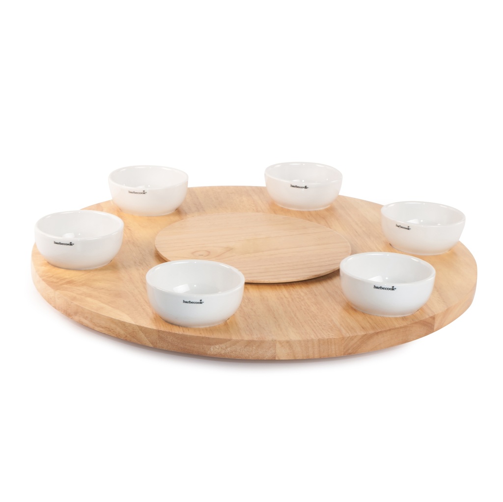 DRAAIPLATEAU, bruin, rubberhout, dia 48 x H 8.5 cm, incl. 6 kommetjes uit keramiek, geschikt voor barbecue Joya