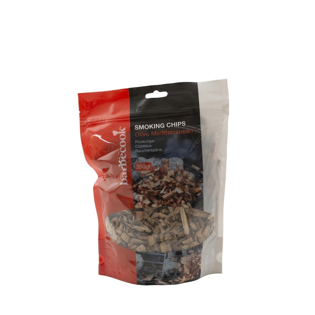 HOUTSNIPPERS, rookchips, olijf, voor rookovens, gas- en houtskoolbarbecues, voor extra smaaktoets, +/- 350 gram