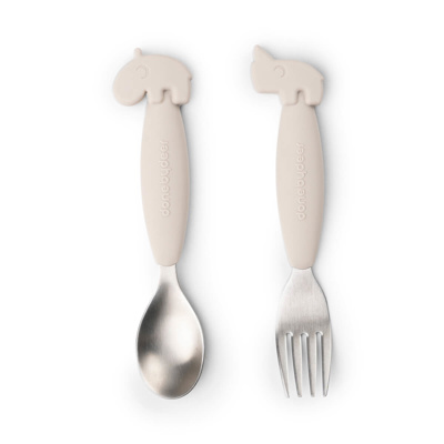 LEPEL/VORK, 2 delig, Easy-Grip Spoon And Fork Set, Deer Friends, sand, ecru, uni, van 12 maand, bestek, 2024