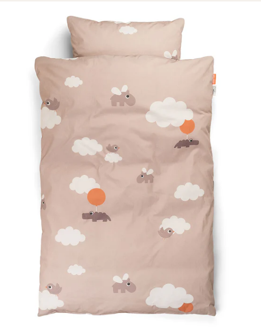 DONSOVERTREK, 100x140, Bedlinen Happy Clouds, powder, ao dierenprint, bio katoen, +sloop, vr babybed, 2024