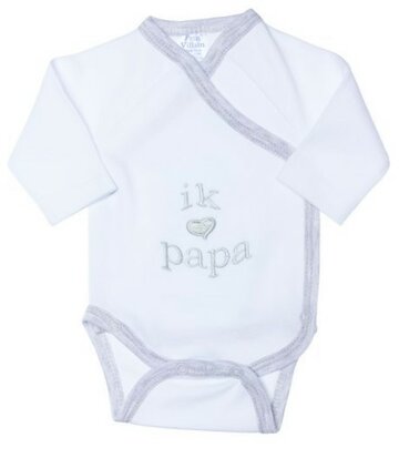 BODY, Ik hou van papa, M:50-62, LM, boys/girls, wit/grijs, uni/tekst: Ik hou van papa, geboortebody met overslag