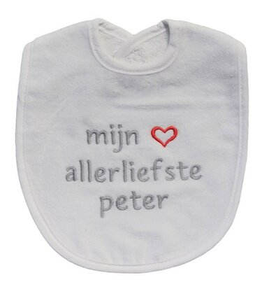 PetitVillain | Slabbetje Mijn Allerliefste Peter Badstof Wit/Grijs 25x34cm