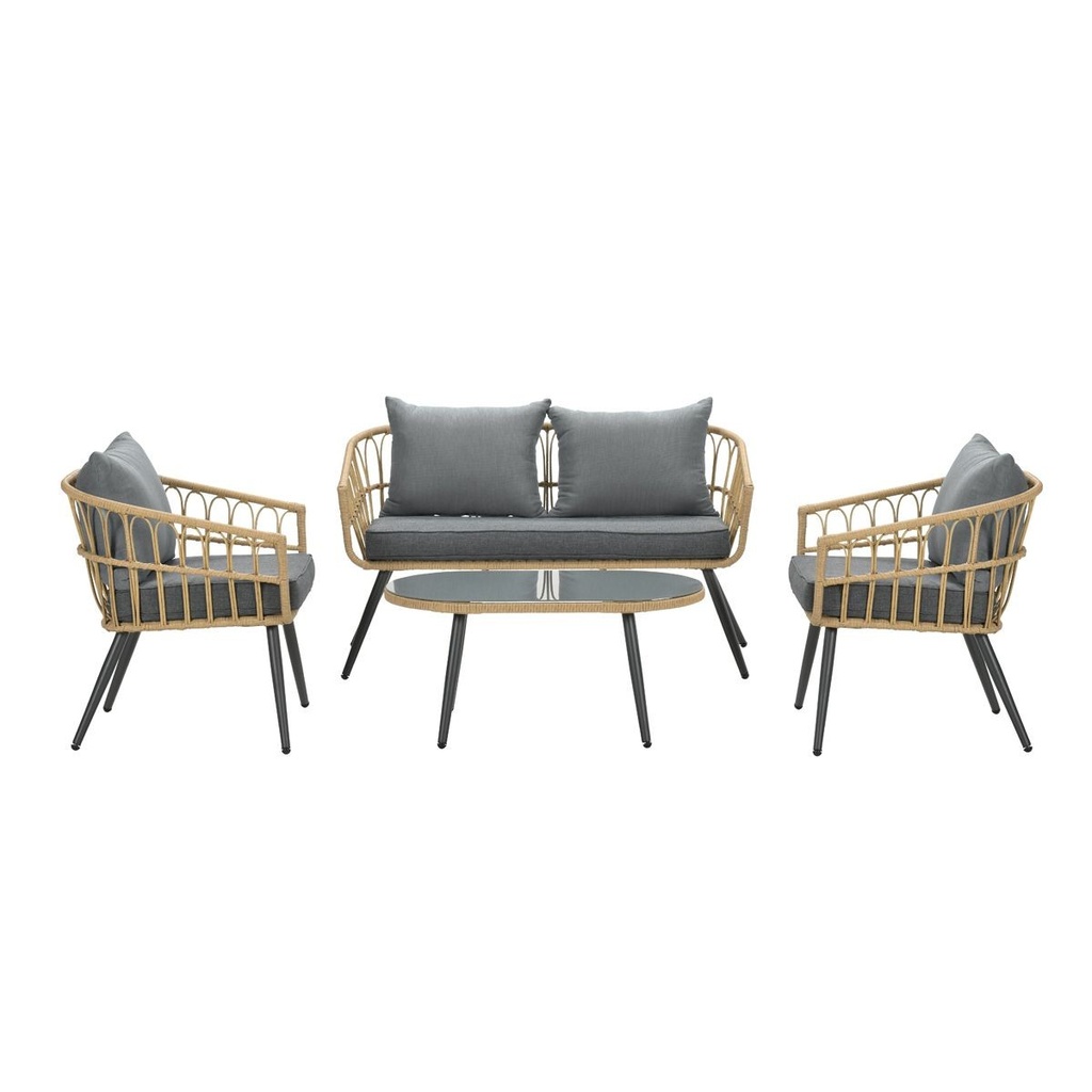 Garden Imp. | Tuinset Bali Loungeset 4 Delen: 2x 1-Zit/1x 2-Zit/Tafel Carbon Black Alu Natural Wicker Kussens: Mystic Grey 