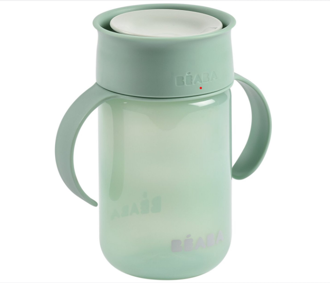 DRINKBEKER, 340 ml, 360° leerbeker, sage green, groen, uni, PP, handvatten, deksel