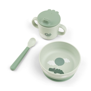 Done By Deer | EETSET, Foodie First Meal Set, Happy Clouds, green, groen, dierenprint, PP, 3 delig:, kom, lepel, drinkbeker, 24