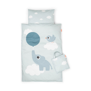Done By Deer | DONSOVERTREK, 100x140, Bedlinen Elphee, blue, print olifant/print vogel - uni, katoen, +sloop, vr babybed, 24