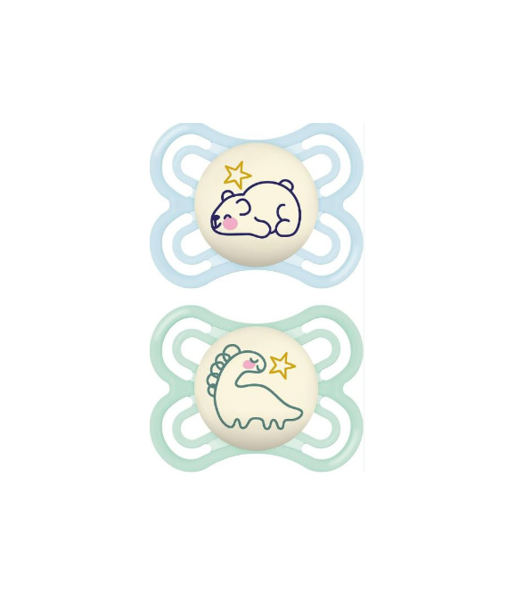 MAM | Fopspeen Perfect Night Silicon Beer/Dino Blauw 0-6M
