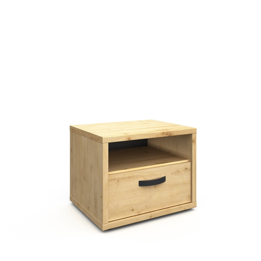 Neyt | NACHTKASTJE, Lina, 56x44x44cm, 1-Lade / 1-Open nis, Artisanale eik, Zwarte greep