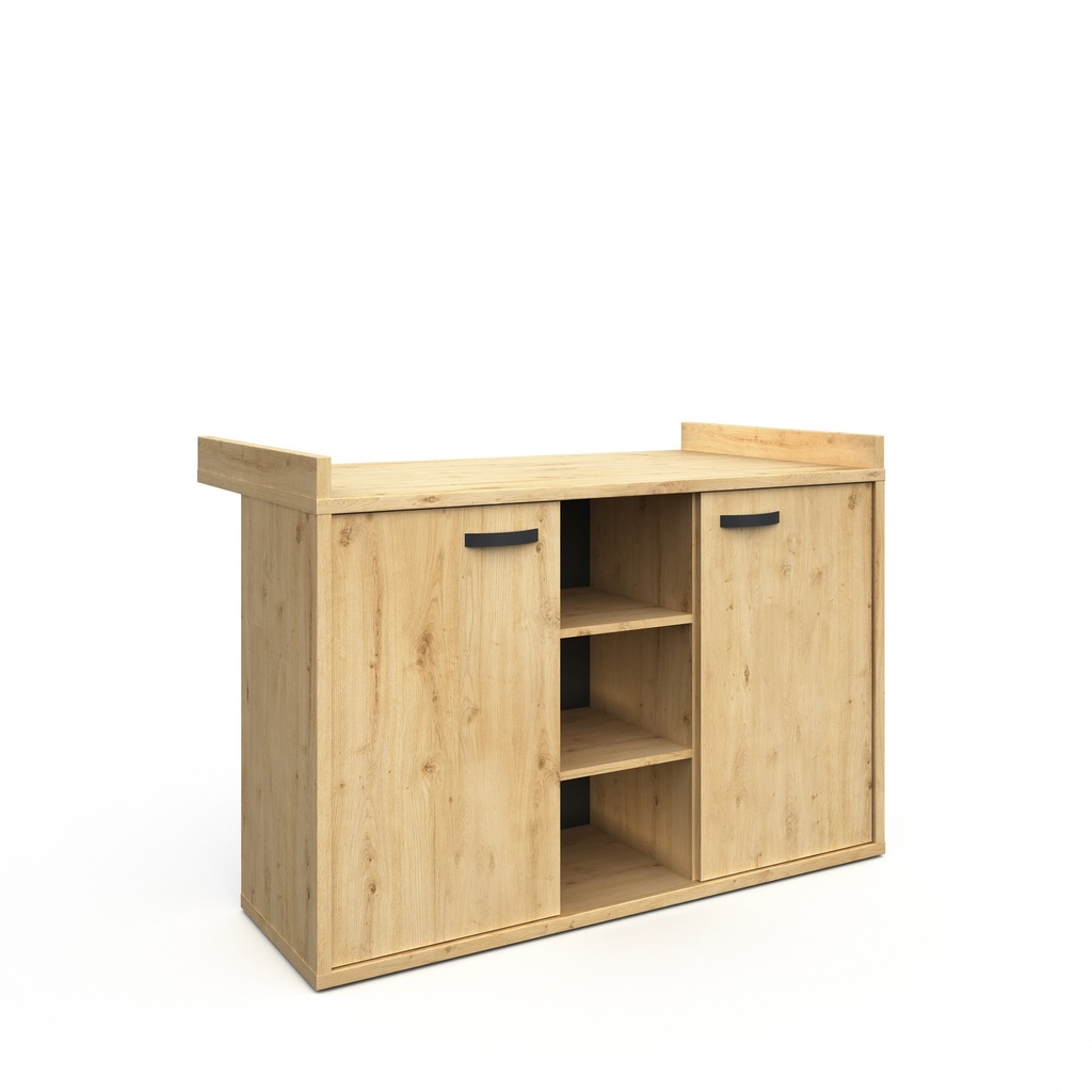 COMMODE, Lina, 136 x 89 (97) x 44 (76) cm, 3 x Open nis centraal, Artisanale eik, Zwarte greep op deuren links en rechts 