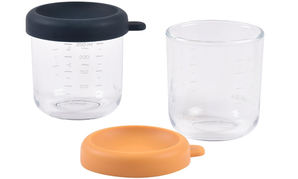 BEWAARPOTJE, 2x250ml, blue|honey, geel|blauw, glas|siliconen, met maatverdeling, & stapelbaar