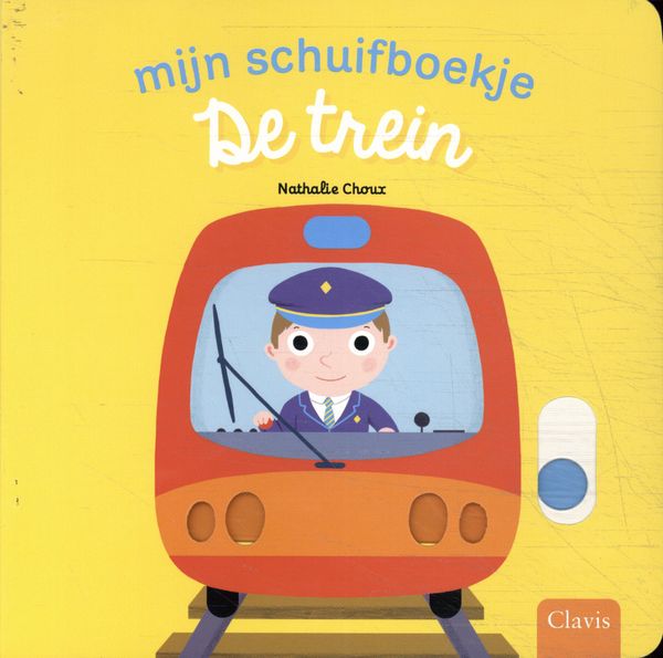 LEESBOEK, Mijn Schuifboekje, De Trein, Nathalie Choux, geel, trein met treinconducteur, vanaf 24m.