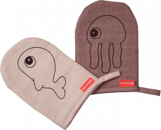 WASHANDJE, Wash cloth, sea Friends powder, rose, print kwal|print walvis, tetra, 2 stuks