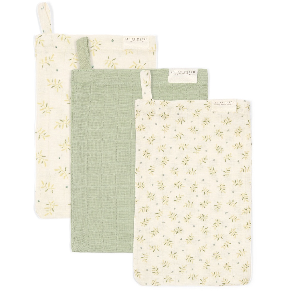 Little Dutch | Washandjes Blueberry Leaves/Pure Sage Ecru/Groen 3-pack