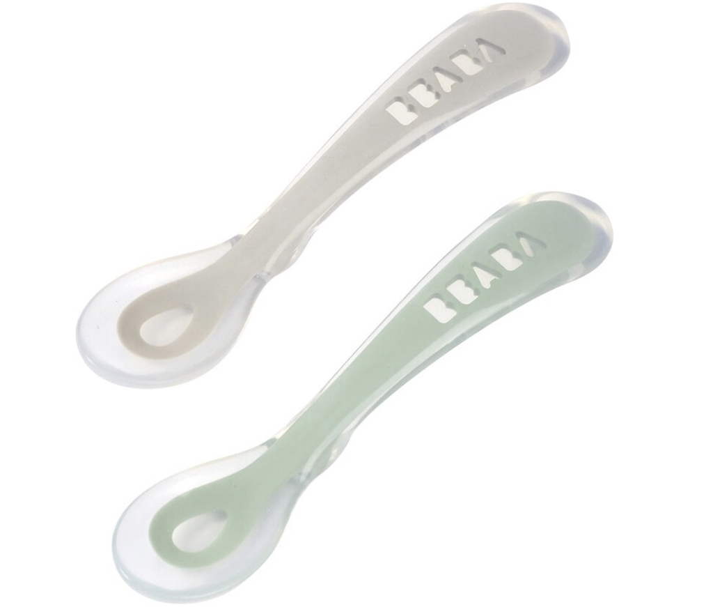 Beaba | Set van 2 siliconenlepels - 2de leeftijd met reisetui (velvet grijs+sage groen)