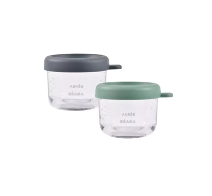 Beaba | Set van 2 glazen bewaarpotjes 150 ml Mineral/Sage green