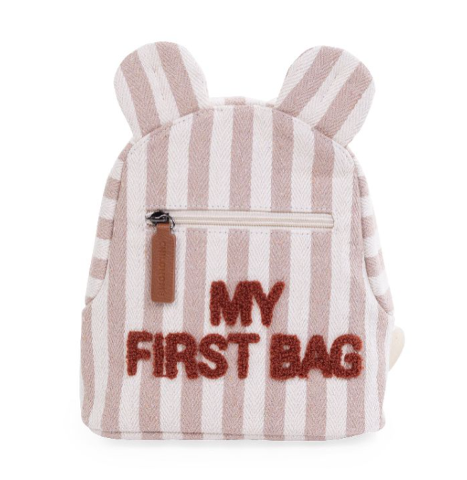 RUGZAK, My First Bag Canvas, Gestreept Bruin/Ecru uni/print tekst "My First Bag", 20x24x8cm, 2021
