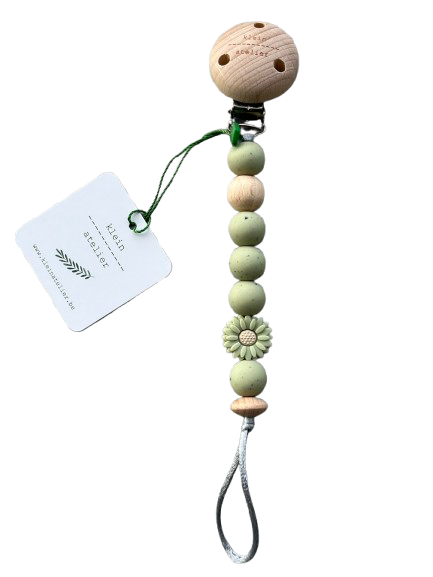 Klein Atelier | Fopspeenketting Newborn Houten Clip Bloem Soft Green Kralen Speckles Tea Green 17cm