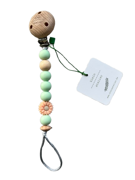 Klein Atelier | Fopspeenketting Newborn Houten Clip Bloem Soft Pink Kralen Mint Groen 17cm
