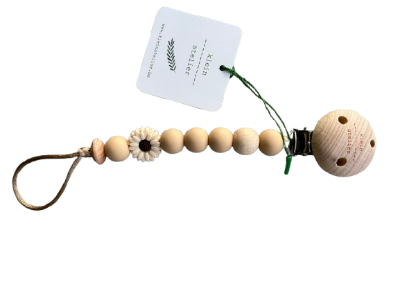 Klein Atelier | Fopspeenketting Newborn Houten Clip Bloem Ecru Kralen Latte 17cm