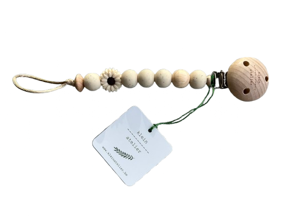 Klein Atelier | Fopspeenketting Newborn Houten Clip Bloem Ecru Kralen Speckles Ecru 17cm