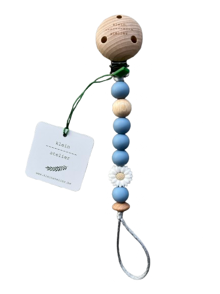 Klein Atelier | Fopspeenketting Newborn Houten Clip Bloem Wit Kralen Powder Blue Blauw 17cm