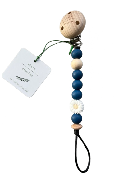 Klein Atelier | Fopspeenketting Newborn Houten Clip Bloem Wit Kralen Niagara Blauw 17cm